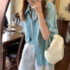 Short-sleeve Plain Loose-fit Shirt Blue - One Size