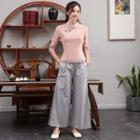 Floral Embroidered 3/4-sleeve Hanfu Top/ Wide-leg Pants/ Set