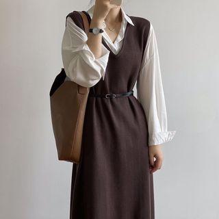 V-neck Knit Midi Overall Dress