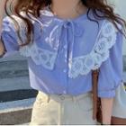 Puff-sleeve Lace Trim Stripe Blouse Blue - One Size