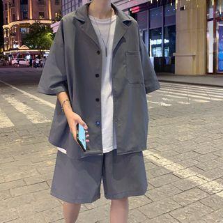 Single Breasted Short-sleeve Blazer + High-waist Plain Dress Shorts
