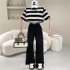 Set: Striped Cropped T-shirt + Distressed Wide-leg Pants