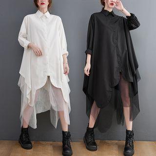 Long-sleeve Mock Two-piece Asymmetrical Shirtdress