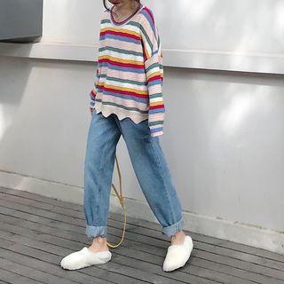 Striped Crew-neck Sweater Stripe - Rainbow - One Size