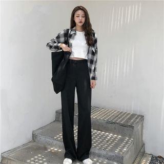 Plaid Shirt / High-waist Straight-cut Pants
