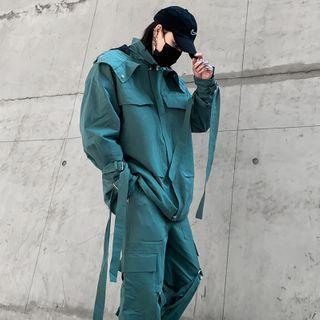 Set: Zip-up Hooded Jacket + Cargo Wide-leg Pants