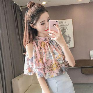Cutout Shoulder Printed Elbow-sleeve Top