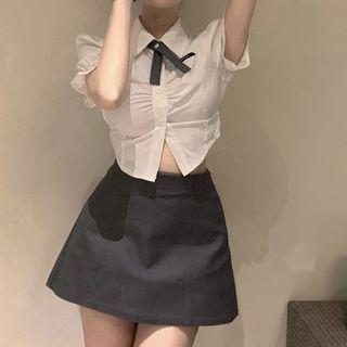 Puff-sleeve Bow Ruched Blouse / High-waist Plain Skirt