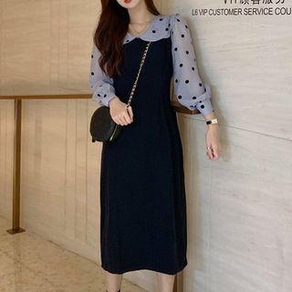 Long-sleeve Dotted Panel Midi Shift Dress