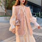 Fringed Vest / Tie-neckline Midi Dress