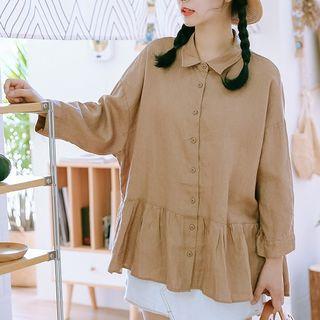 Ruffle-trim Shirt Khaki - One Size