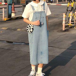 Embroidered Washed Denim Midi Overall Dress