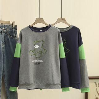 Bear Embroidered Color Block Sweatshirt