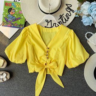 Puff-sleeve Button-detail Tie-waist Cropped Top