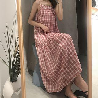Sleeveless Plaid Off-shoulder Loose-fit Halter Dress