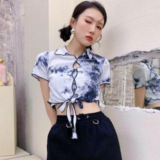 Set: Short-sleeve Tie-dyed Polo Shirt + Cargo Pants Polo Shirt - White - One Size / Pants - Black - One Size