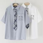 Set: Short-sleeve Bear Embroidered Shirt + Plaid Neck Tie