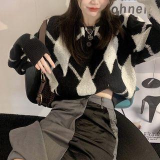 Polo-neck Argyle Cropped Sweater Black - One Size