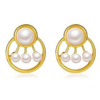 Rhinestone Ear Stud 3140 - 1 Pair - 04 - 4 Faux Pearls - Gold - One Size