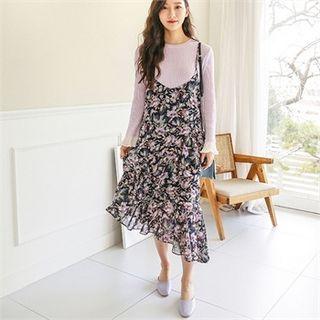 Asymmetric-hem Ruffled Floral Pinafore Dress
