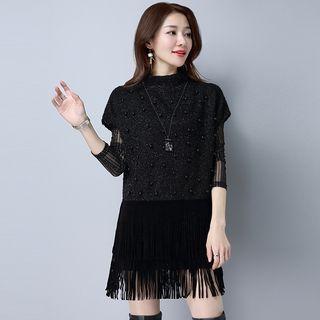 Set: Long Sleeve Mesh T-shirt + Beaded Short Sleeve T-shirt