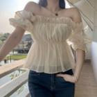 Puff-sleeve Square-neck Ruched Shirt Almond - One Size