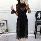 Set: Long-sleeve Velvet Top + Strappy Lace Pleated Dress