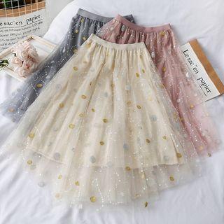 Wave Point Embroidery Sequins Mesh Irregular Skirt