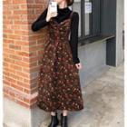 Long-sleeve Plain Top / Floral Printed Corduroy Spaghetti-strap Dress