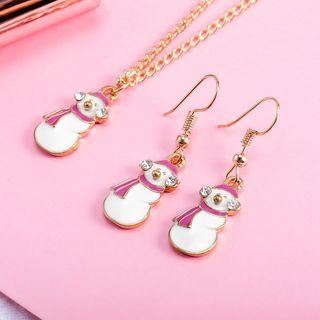 Set: Rhinestone Christmas Snowflake Dangle Earring + Pendant Necklace As Shown In Figure - One Size