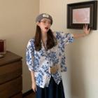 Elbow-sleeve Floral Print Shirt Blue Flowers - White - One Size