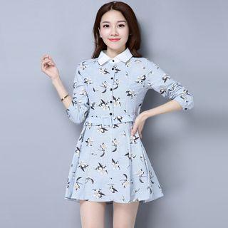 Floral Print Long Sleeve Collared A-line Dress