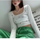 Long-sleeve Floral Ribbed Crop Top