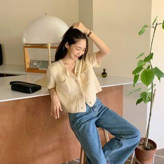 Short-sleeve Woolen Cardigan Cream - One Size