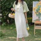 V-neck Dotted Midi A-line Overall Dress White - One Size