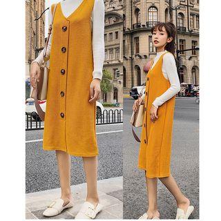 Mock-neck Long-sleeve Top / Sleeveless Midi Dress