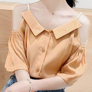 Beaded Cutout Shoulder Short-sleeve Top