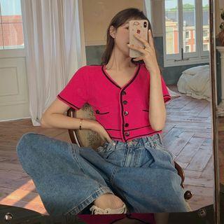 Open Front Knit Cardigan / Dot High-waist Loose-fit Pants