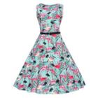 Flamingo Print Sleeveless A-line Dress With Belt