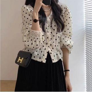 3/4-sleeve Dotted Lace Trim Blouse / Midi Skirt / Set
