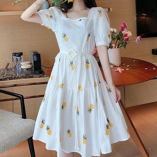 Puff-sleeve Fruit Embroidered Tiered A-line Dress