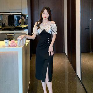 Cold-shoulder Heart Print Midi Sheath Dress