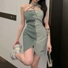 Sleeveless Two-tone Button-up Mini Sheath Dress Green - One Size
