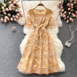 Square-neck Lace Embroidered Short-sleeve Dress