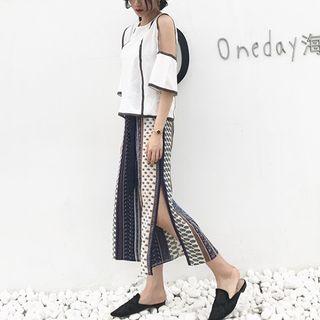 Elbow-sleeve Cut Out Chiffon Top / Wide Leg Pants