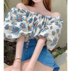 Off-shoulder Floral Puff-sleeve Top / High-waist Button Shorts