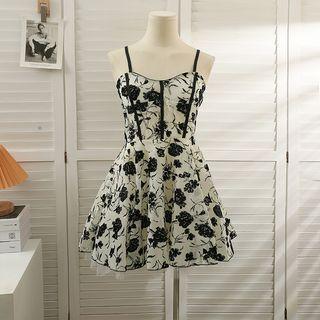 Sleeveless Mesh-hem Printed Mini Dress
