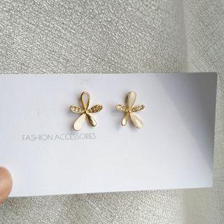 Flower Rhinestone Glaze Earring 1 Pair - S925 Silver Earring - Silver Rhinestone - White - One Size