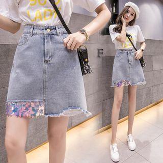 Sequin Panel Denim Mini A-line Skirt