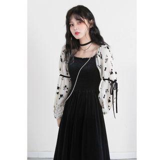 Long-sleeve Floral Velvet A-line Dress